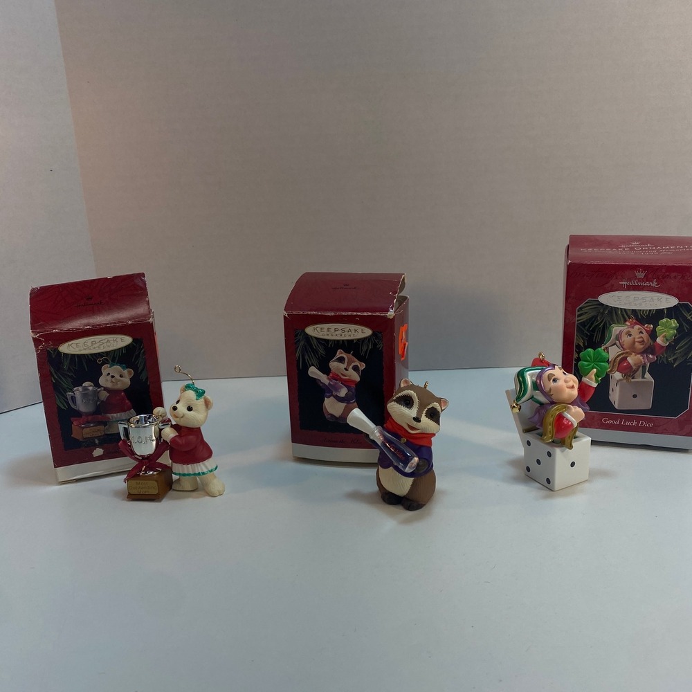 Hallmark Keepsake Ornaments Lot of 3 Bears Raccoon Jester Dice Vintage Christmas